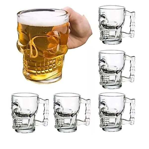 JOGO DIA DOS PAIS  C/ 6 CANECAS PARA CHOPP CERVEJA DE VIDRO CAVEIRA ROCK STYLE 510ML