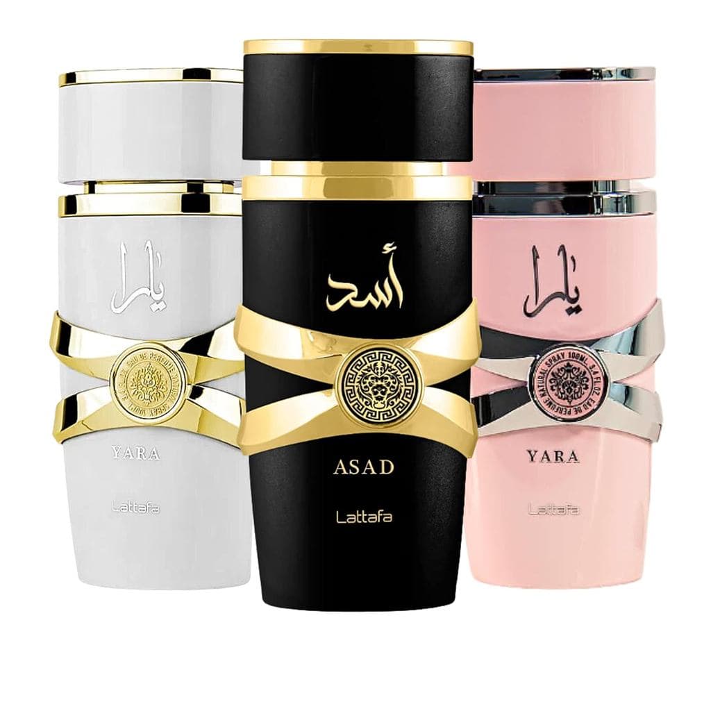 O conjunto de perfumes de três peças da Sra. Lattafa (Yara+YaraMoi+Asad) contém 3,4 onças/100 ml cada.