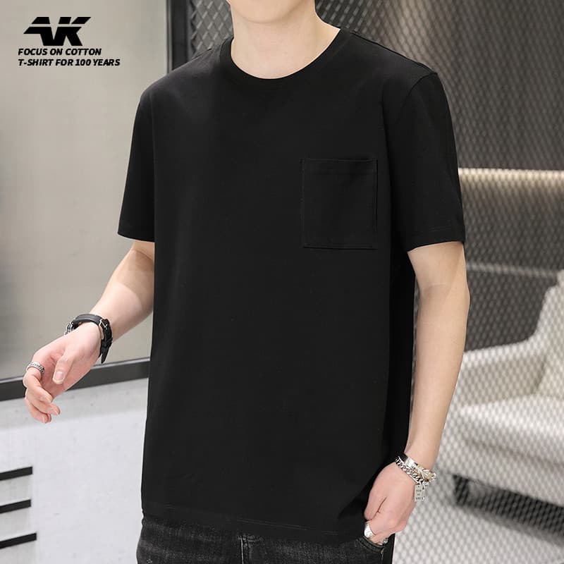 Tamanho grande solto estilo Casual masculino de manga curta camiseta em torno do pescoço estilo bolso puro algodão camis