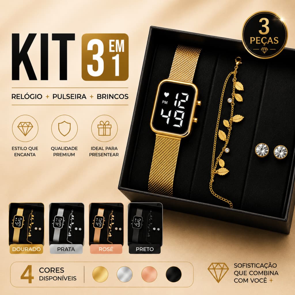 Relógio Led Feminino + Pulseira Feminina + Brinco