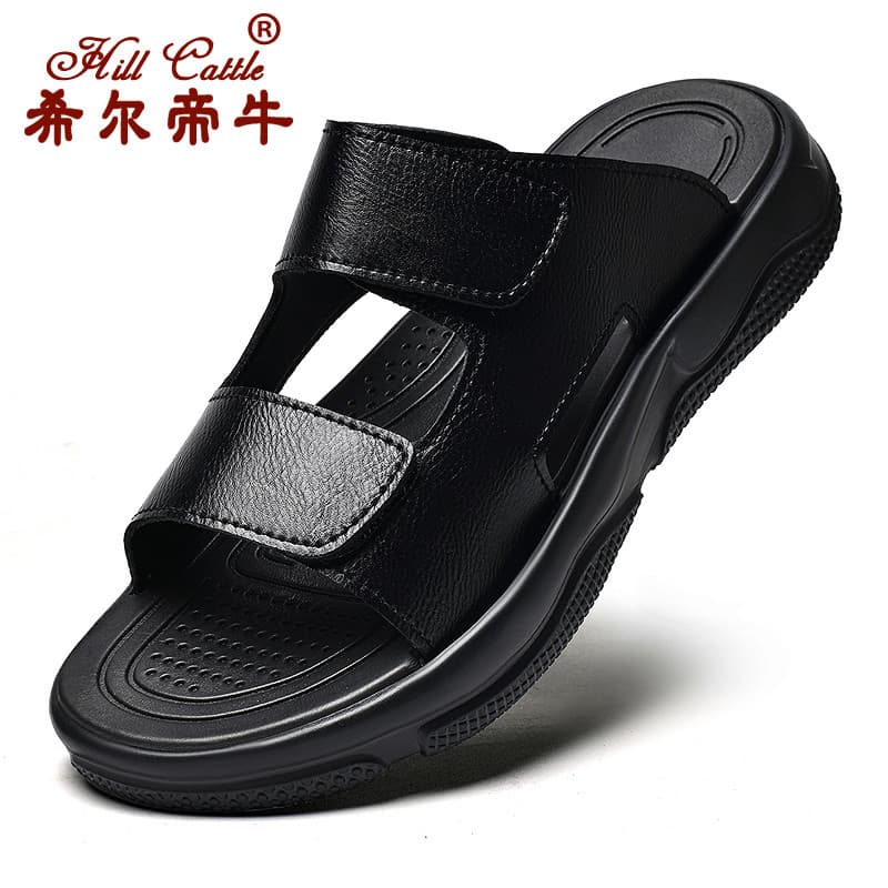 Sandálias De Verão Masculinas De Couro Genuíno Velcro Flip-Flops Antiderrapante Sola Macia Ao Ar Livre Praia Slipp