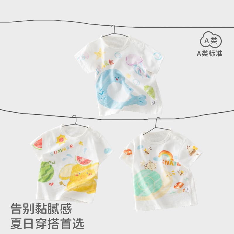 Estilo de verão bebê camiseta bebê menino manga curta em torno do pescoço macio e confortável ilustração superior dos de