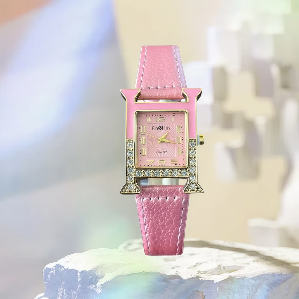 Relógio de quartzo feminino em formato de H com pulseira de couro