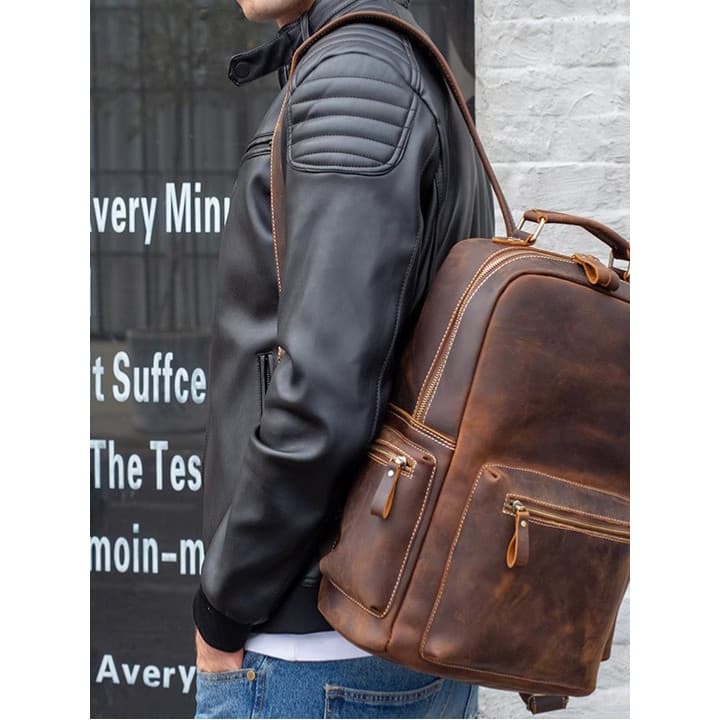 Mochila de couro genuíno masculino europeu americano saco primeira camada de couro louco cavalo mochila grande capacidad