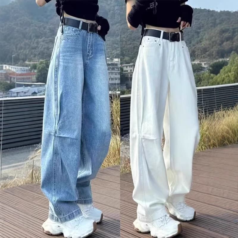 Calças jeans curvas de cor clara, estilo americano, tamanho grande para mulheres, coleção primavera/verão, calças largas