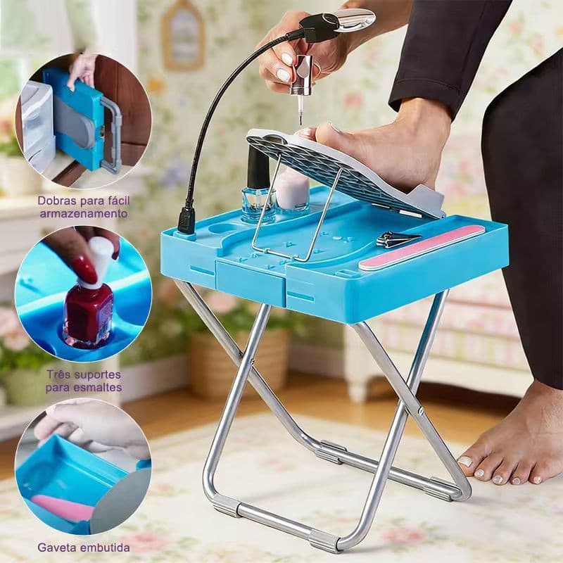 Suporte para Pés Ajustável para Pedicure em Casa com Lente de Aumento LED e Ventilador Integrado