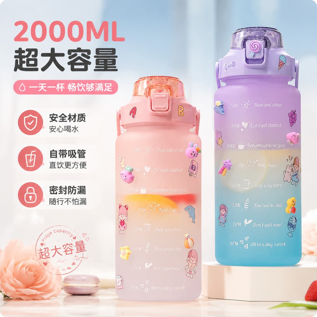 Copo de água de plástico com escala influenciadora de alto valor feminino Super grande capacidade 2.000ml garrafa de águ