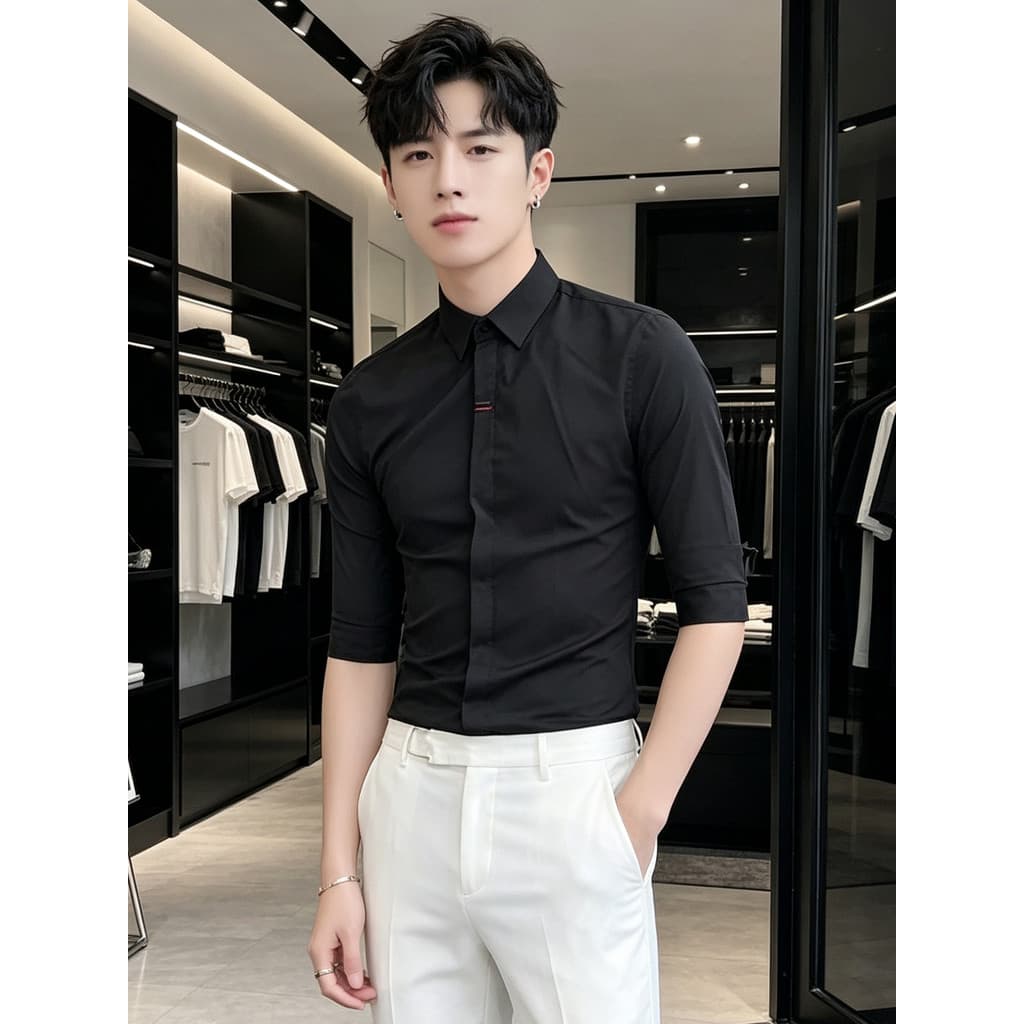 2026 verão high-end negócios Casual preto meados de manga camisa masculina magro-ajuste high-end sentimento bonito moda