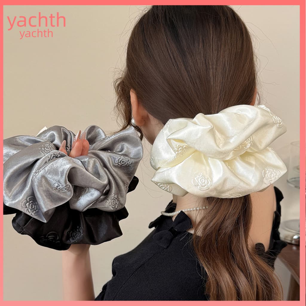 Non-slip Hair Band Women’s Satin Scrunchie High Elasticity No Damage Tie with Pure Color Camellia Print Smooth Soft Ro