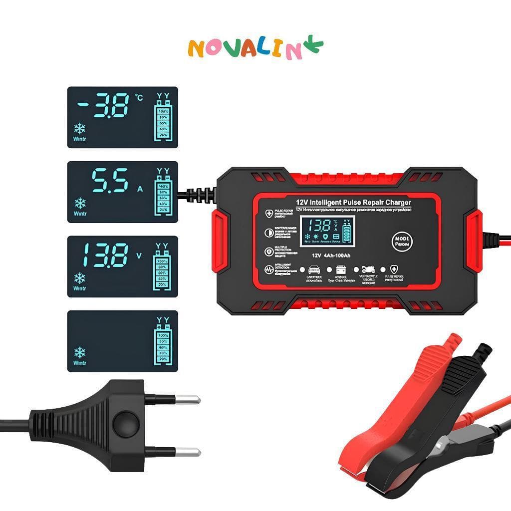 Carregador de Bateria Inteligente 12V Automático com Display Digital Função Reparo para Carro e Moto