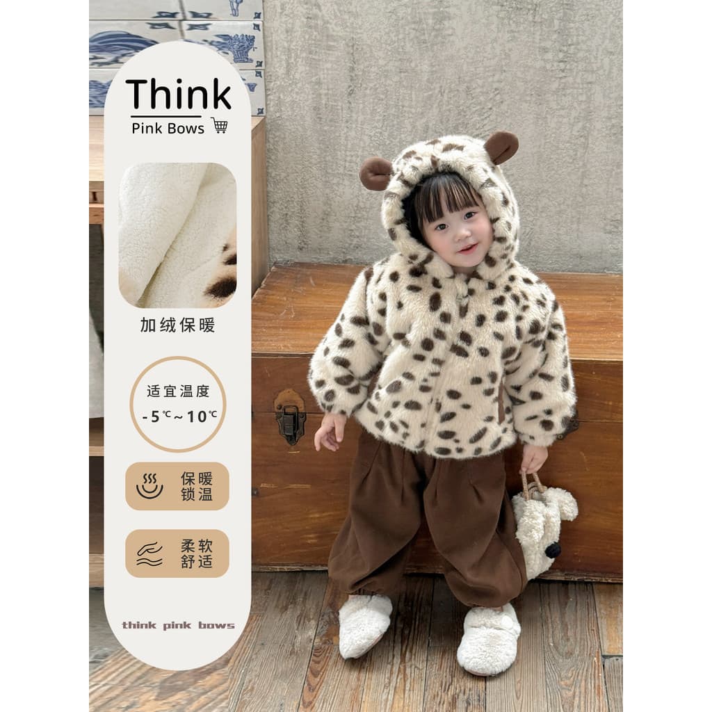Terno do bebê inverno forro de lã leopardo impressão jaqueta meninas roupas estilo coreano roupas de inverno moda calças