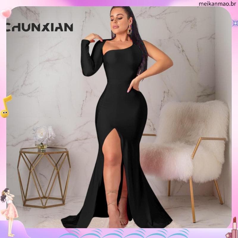 Mulheres E # 39vestido Longo Slim Fit De Cor Sólida Com Divisão De Ombro De Formiga Eleg Para Uso Noturno