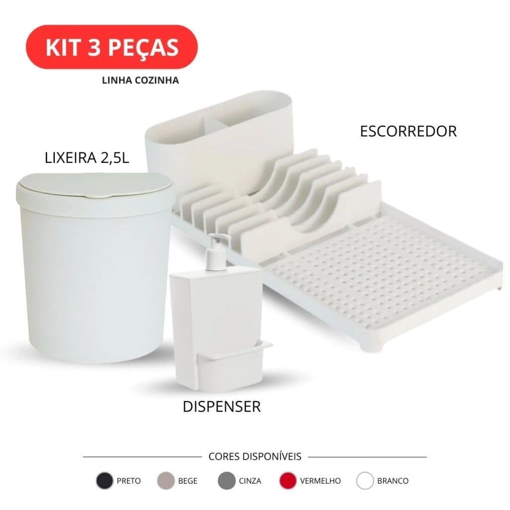 Kit 3 Cozinha Organizador Kit 3 Cozinha Escorredor Louças Lixeira 2,5L Dispenser Sabão Organizador Pia Completo