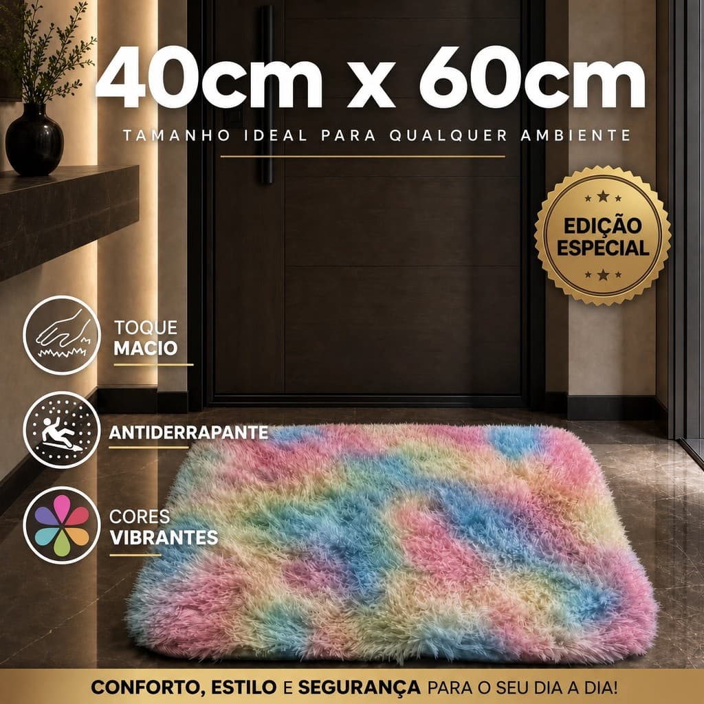 Tapete Sala Quarto Banheiro Grosso Antiderrapante Luxo Macio 40x60cm Felpudo Peludo Shaggy Cores Lavável Maciez Premium