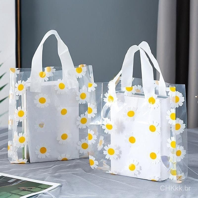 5/10 Unidades Sacos De Presente Impressos Margarida Transparente Sacola Portátil Embalagem De Moda Compras Bolsa C