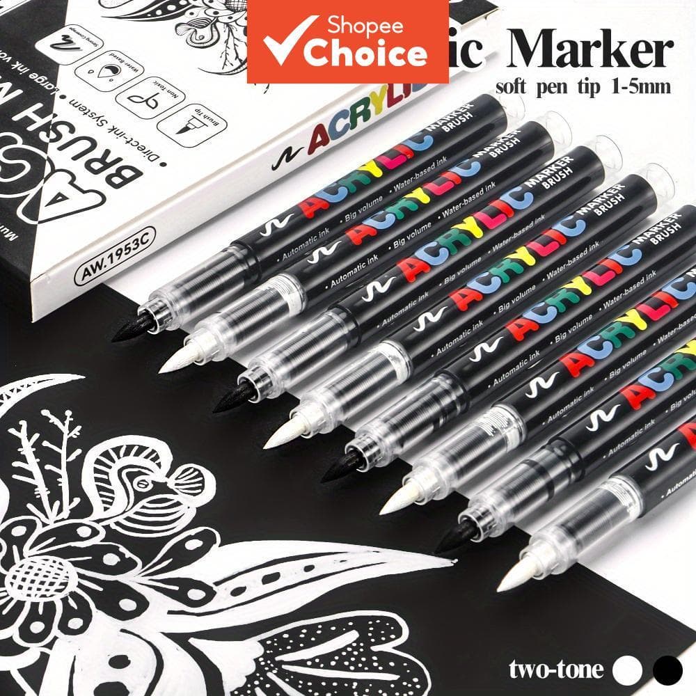 Canetas Marcadoras Acrílicas Pretas E Brancas , 12 Peças , Ponta De Pincel Macio Líquido Reto , Pintura DIY , Iluminador