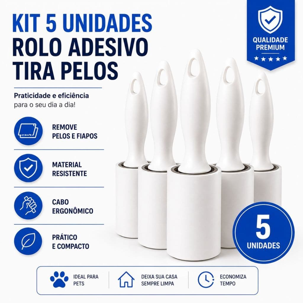 Kit 5 Rolos Adesivo Tira Pelos Remove Fiapos Roupas Sofás Pets