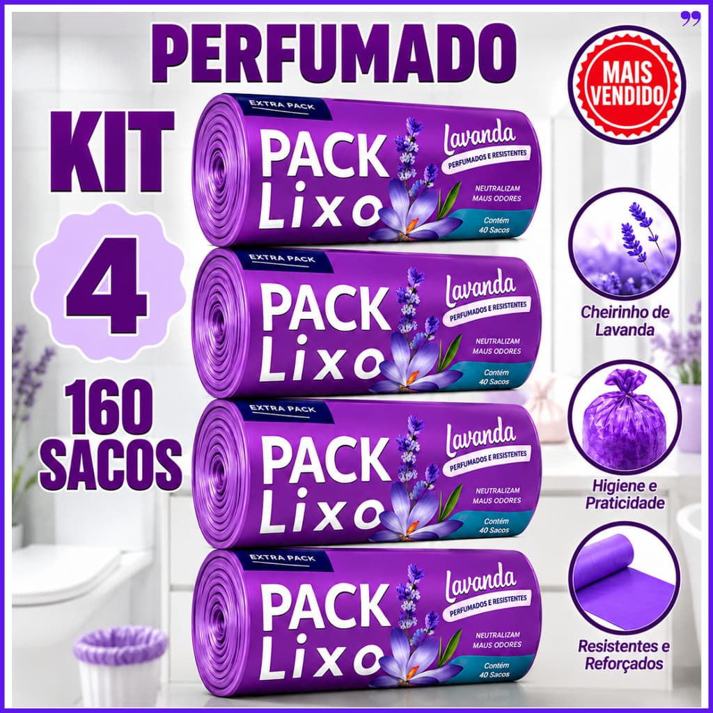 Sacos de Lixo Perfumados Lavanda Kit 4 Rolos 160 Sacos Reforçados 34x38cm Anti Odor Resistente Para Banheiro Pia Cozinha