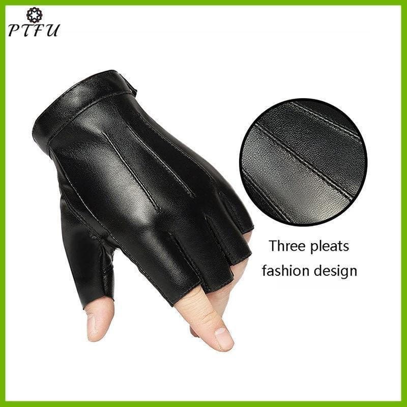 PTFU > Luvas Masculinas Sem Dedos De Couro PU Motor Punk Bla Meio Dedo Ao Ar Livre De Condução Novo