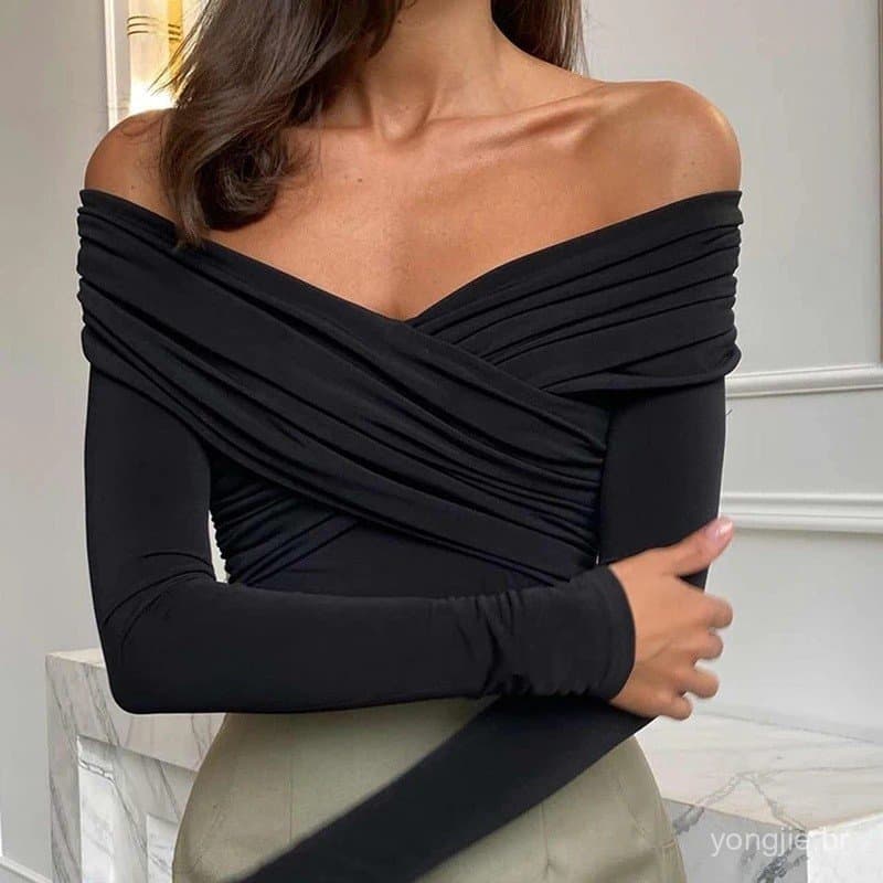 Camisas Femininas Off Shoulder, Camisas Curtas, Moda, Decote Cruzado Frontal, Manga Longa, Ajuste Slim, Roupas Femininas