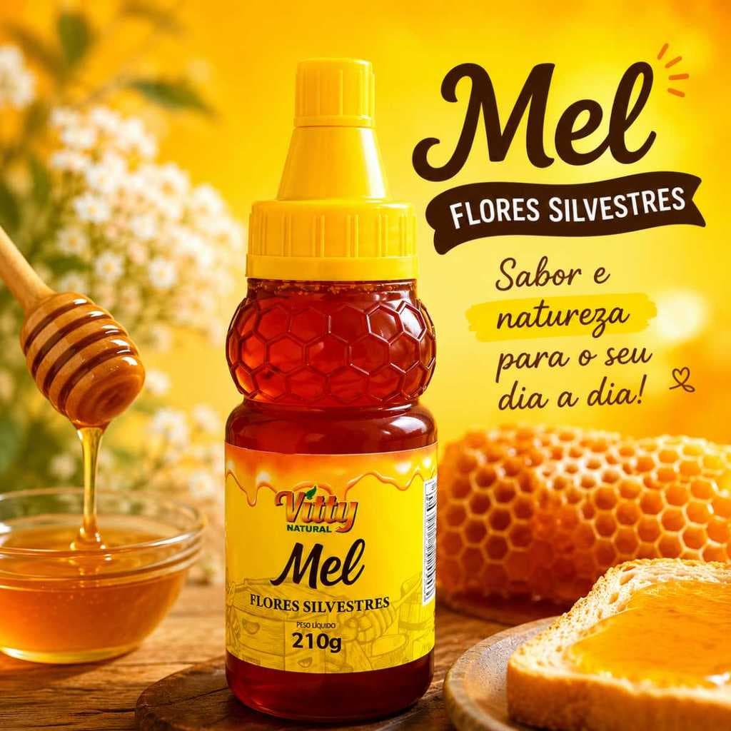 Mel Puro Vitty 100% Orgânico Bisnaga 210g Flores Silvestres Natural Puro e Saboroso Ideal para o Dia
