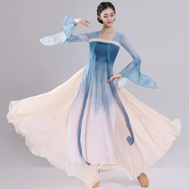 [WDF] Traje de dança clássica feminino elegante na altura do peito saia grande balanço, traje de prática de estilo longo