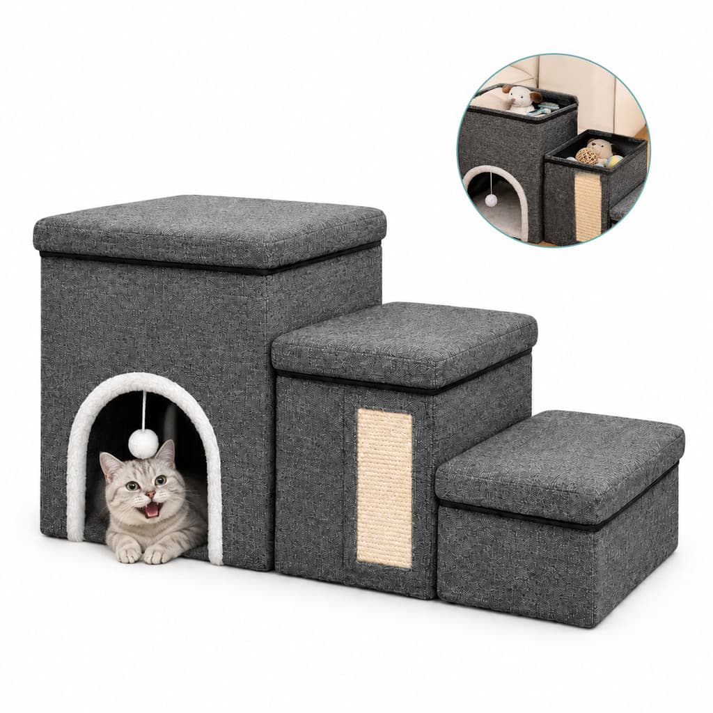 Escada Pet 3 Degraus Com Toca, Arranhador E Baú Cinza