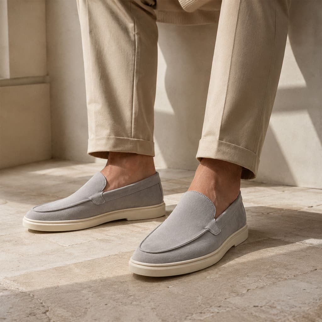 Mocassim Masculino Cinza Camurça Slip On Sola Clara para Trabalho, Eventos, Uso Comercial e Casual
