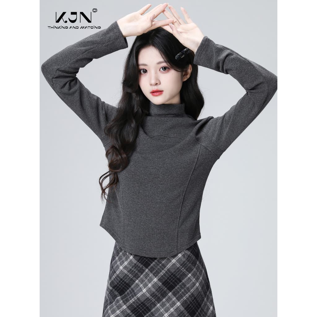 Cinza meia gola alta manga longa camiseta feminina primavera outono 2026 primavera novo estilo gola média mais magro olh