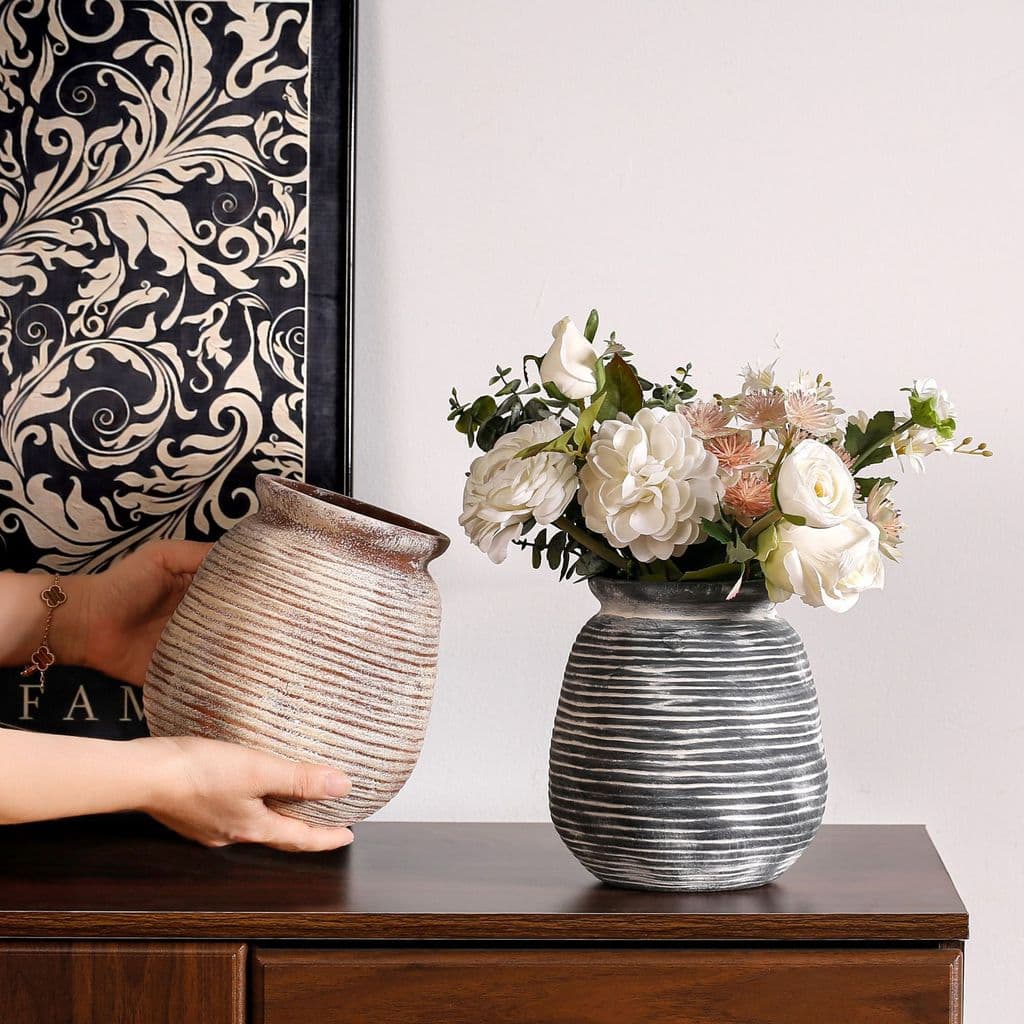 Antigo estilo silencioso vaso de cerâmica Retro Horizontal listra arranjo flor garrafa hidropônica ornamentos decoração