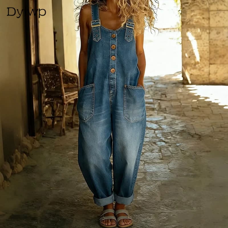 Macacão Feminino Casual Vintage Jeans , Solto Folgado E Cônico Com Bolsos Grandes Para O Verão