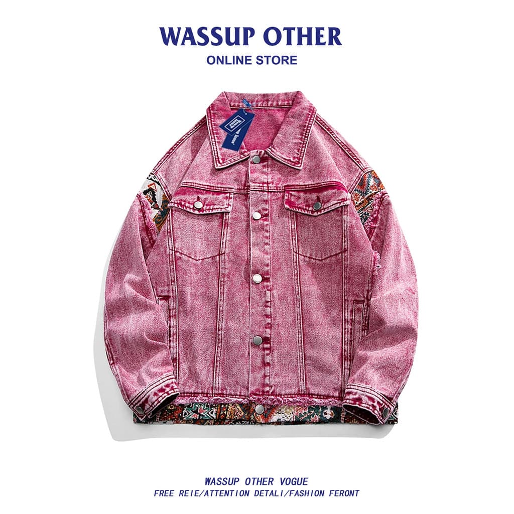 WASSUP OUTRO Jaqueta jeans vermelha retrô americana masculina primavera outono solta All-Match jaqueta desgastada Top