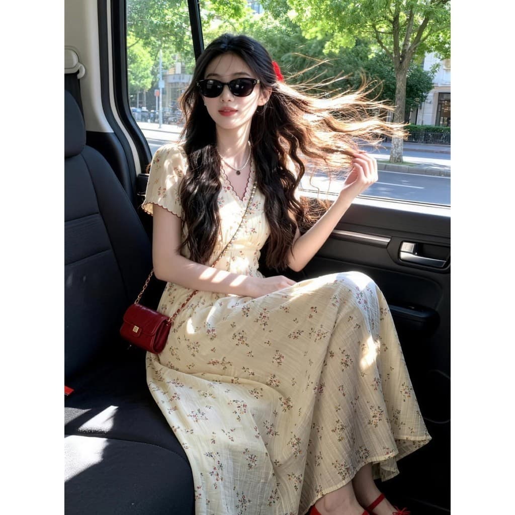 Verão com decote em V bordado de manga curta vestido Floral amarelo feminino cintura estreita mais magro olhar renda