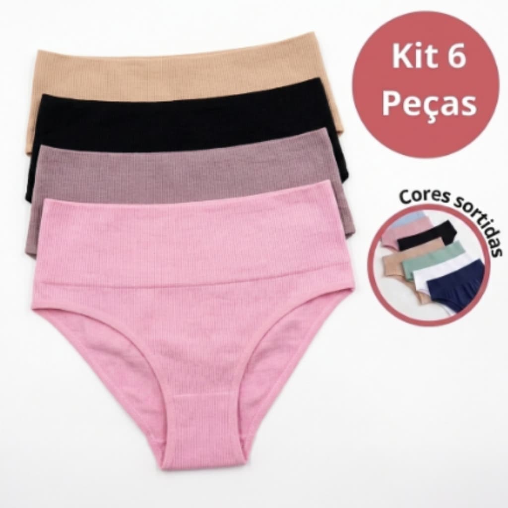 Kit 6 Calcinha Canelada Importada Cintura Alta 7 cm Cós Levanta Bumbum Sem Costura Não Marca