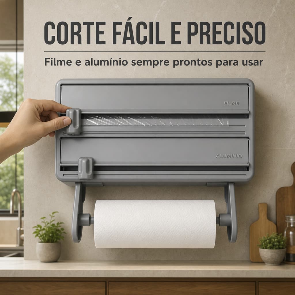 Porta Papel Toalha 3 em 1 Suporte para Filme PVC Papel Alumínio Rolos de Cozinha com Cortador Parede
