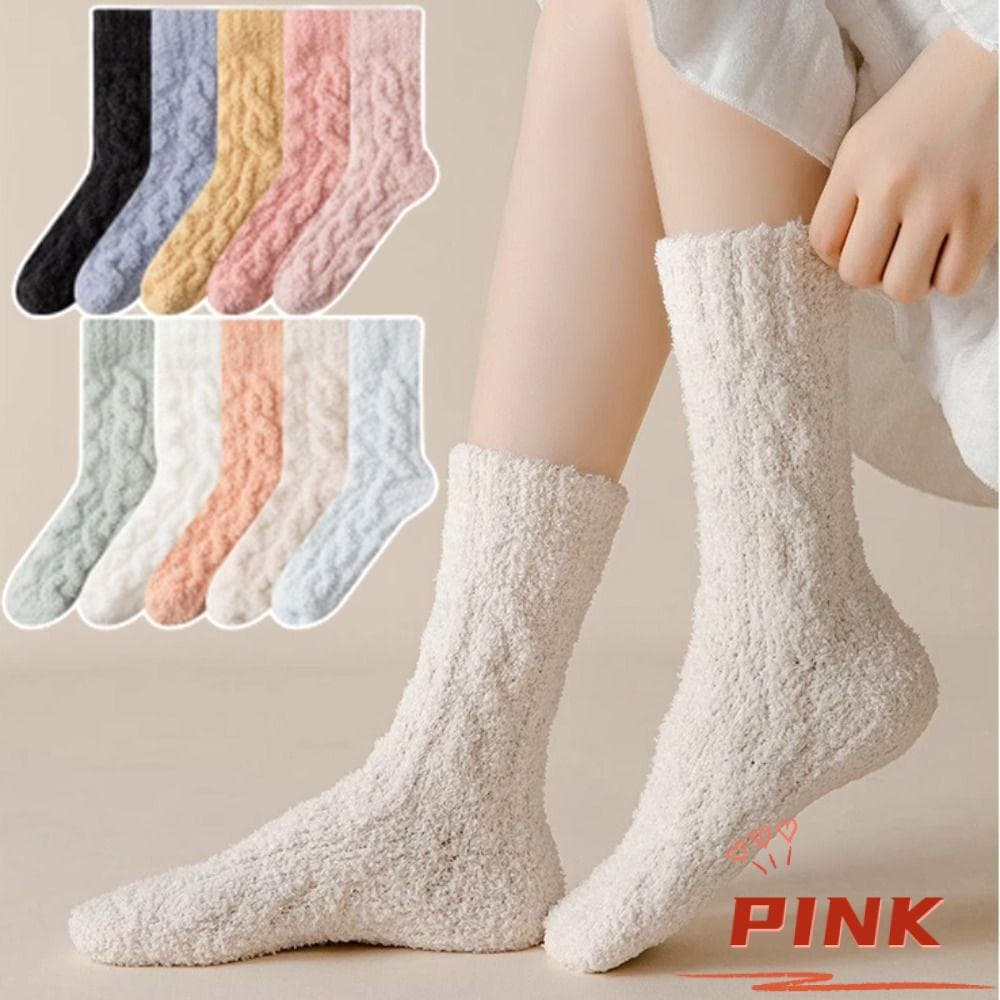 PINK1 Meias De Veludo Coral , Quentes De Algodão Macio Dormir Inverno Cor Sólida Chão Fofas Femininas