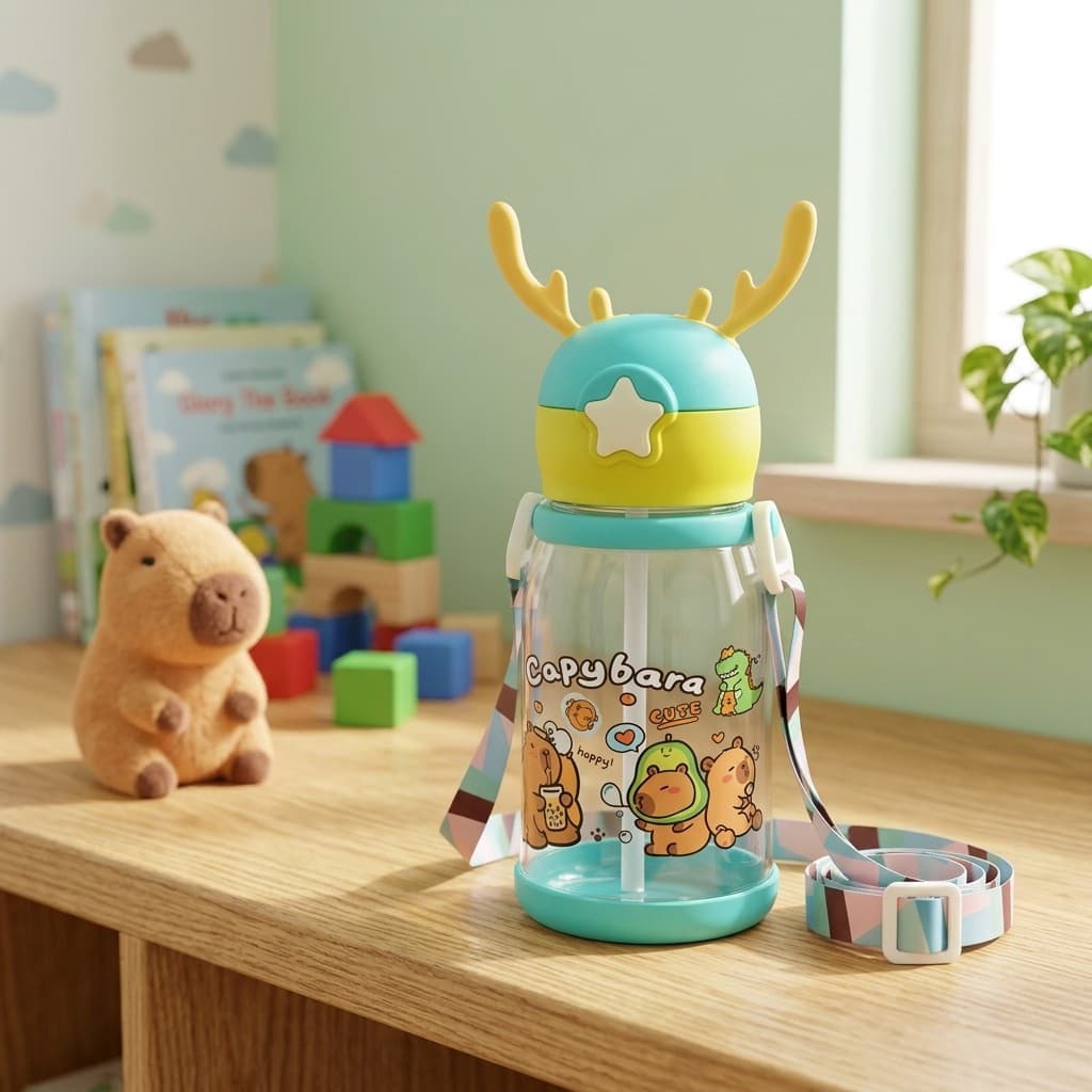 Garrafa de Água Infantil 600ml para Mochila Escolar com Alça e Canudo Antivazamento