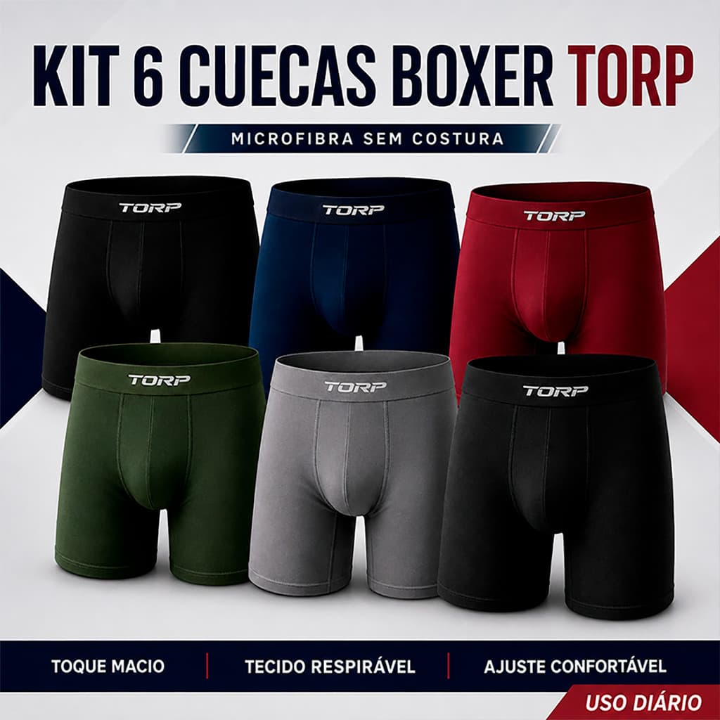 Kit 6 Cuecas Boxer Torp Original Masculina em Microfibra Sem Costura Conforto Premium Antiassadura