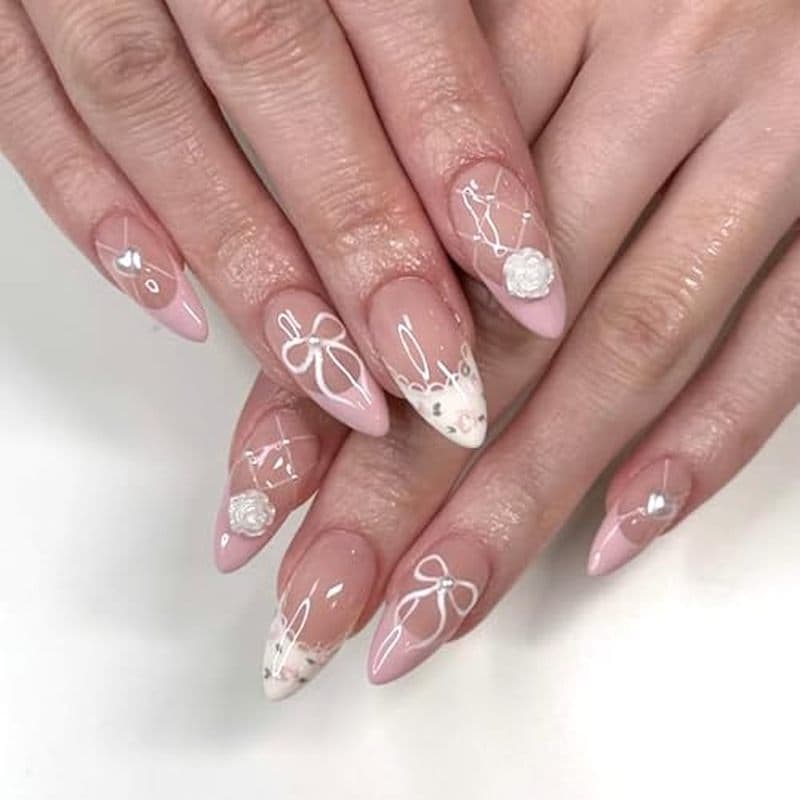 SINHOT Amêndoa Press on Nails Médio-3D Flor Rosa Unhas Postiças Cola Brilhante Em Listras Zebra Prego Ponta Francesa Sti