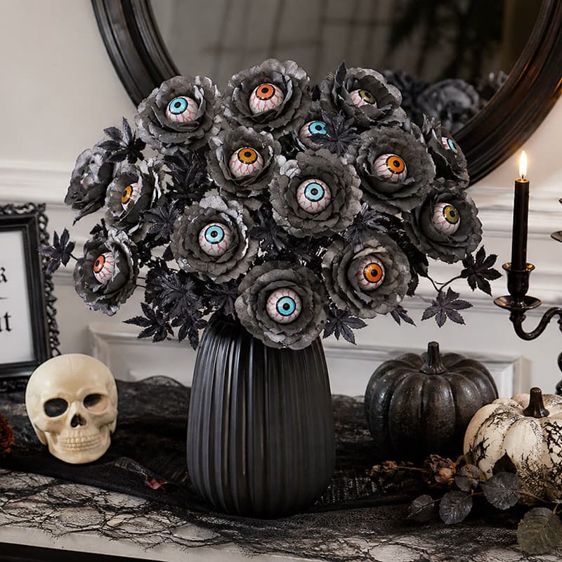 Buquê de rosas pretas com olhos artificiais de Halloween, flores artificiais de tema sombrio, arranjo para cenário festi