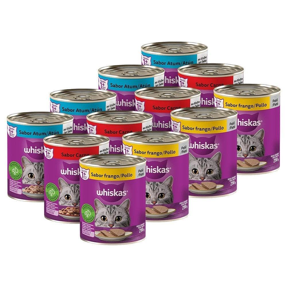 Kit 12 Latas de Ração para Gato Whiskas Premium - Mix 3 Sabores de Patês Frango/Carne/Atum 290g