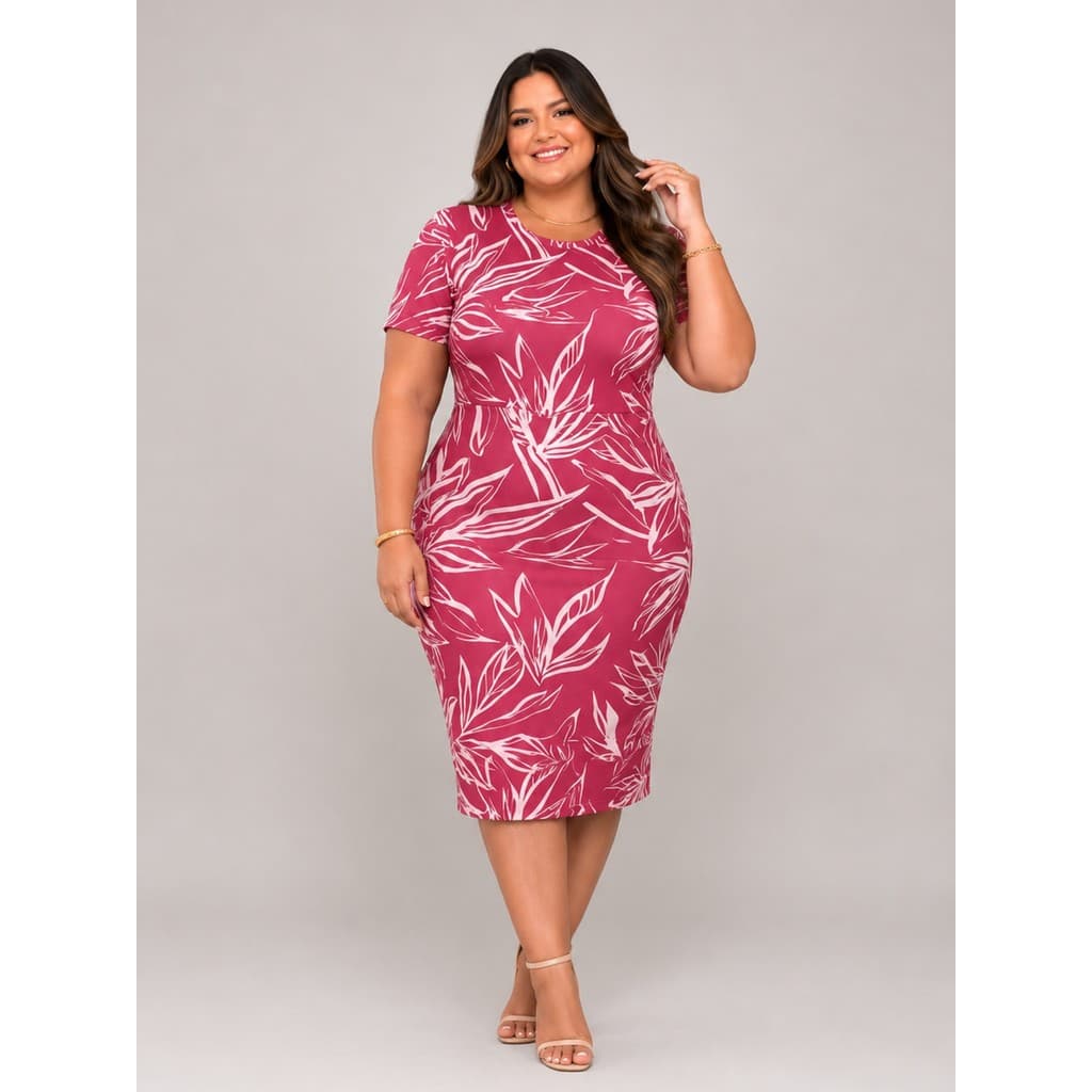 Vestido Feminino Midi Plus Size Estampado Liganete Casual Evangélico Elegante Manga Curta Premium