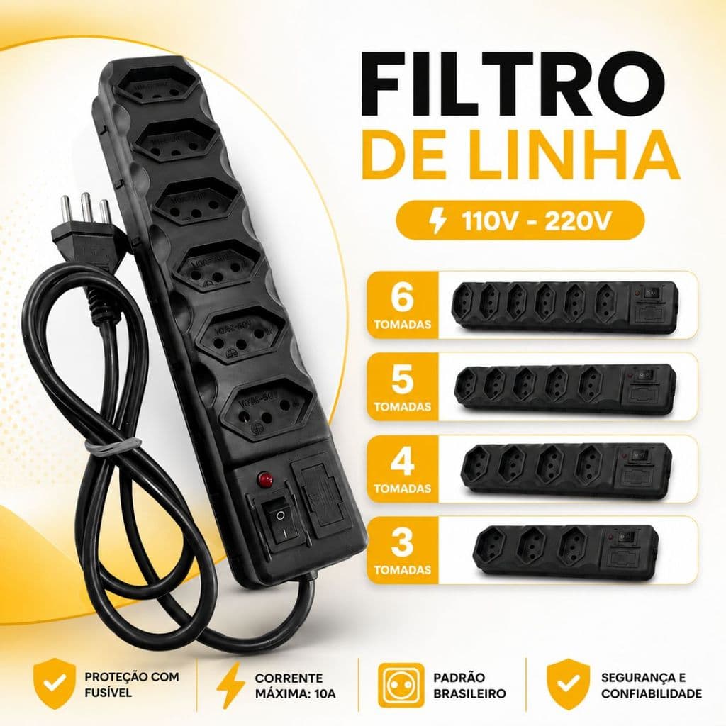 FILTRO DE LINHA RÉGUA 6 TOMADAS RESISTENTE 10A COM FUSÍVEL TRIPOLAR
