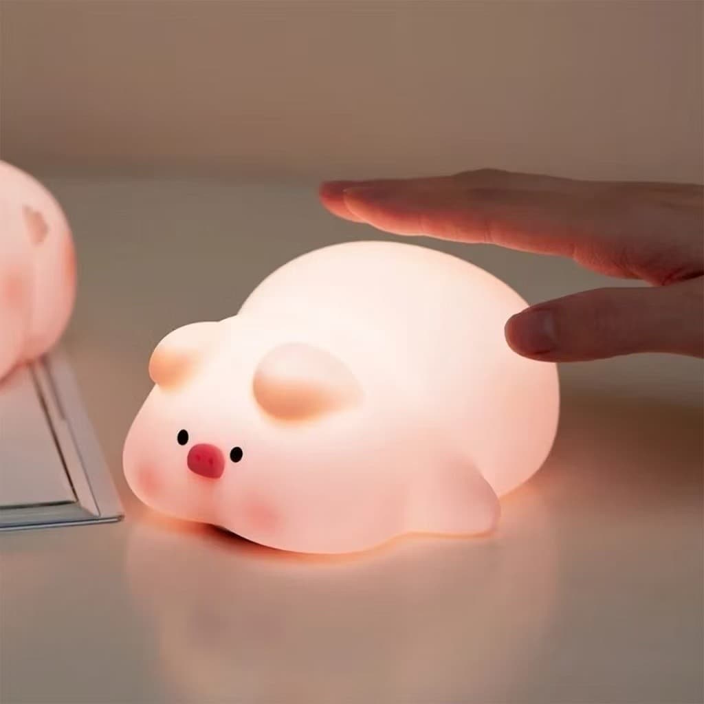 Luminária abajur de mesa porquinho silicone com touch e led