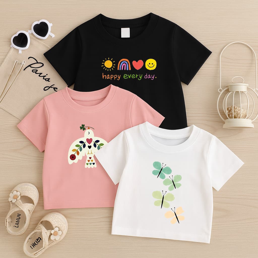 Kit 3 Camiseta Infantil Básica Borboleta Pássaro Sorriso Lançamento 100% Algodão