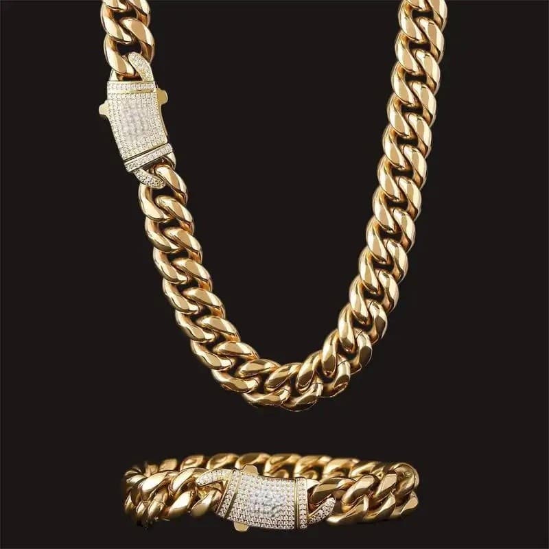 Conjunto de Joias Cubanas Brilhantes 14mm Ouro Sólido 14K Pulseira + Colar Miami Cuban ️Kit com Fechos de Diamante 7.5-3