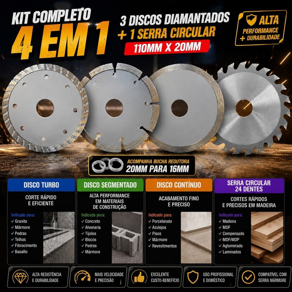 Kit 4 Peças Disco Diamantado + Serra Circular 110 x 20mm Corte Porcelanato Concreto Mármore Madeira
