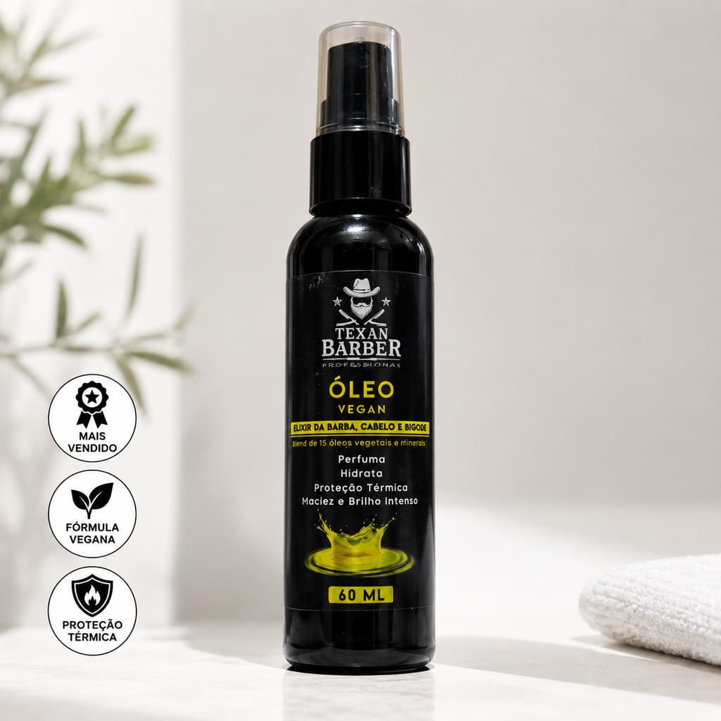Óleo Vegan Texan Barber 60ml para Barba, Cabelo e Bigode com Proteção Térmica