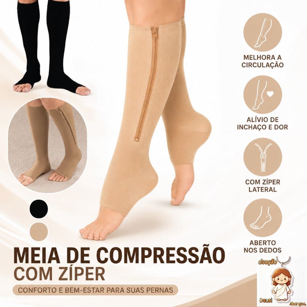 Meia de Compressão 3/4 Com Zíper Varizes Pernas Cansadas Inchaço Dores