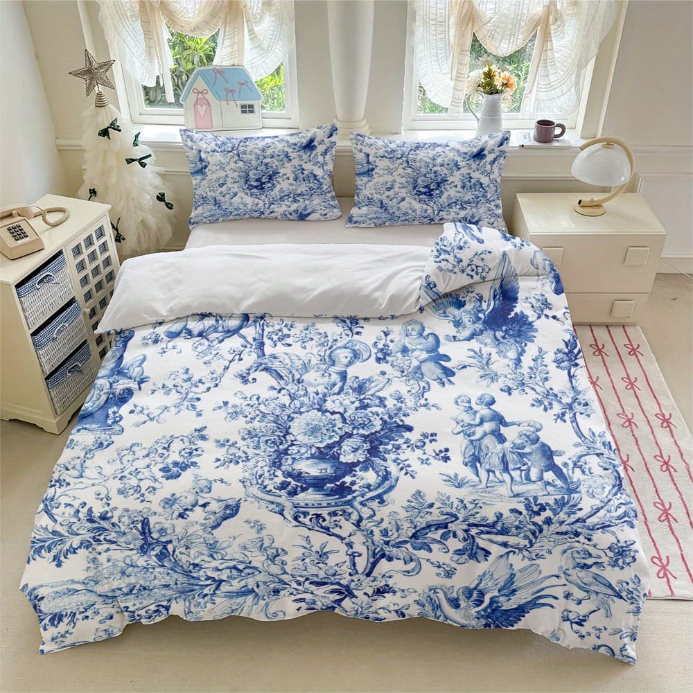 Conjunto de 3 peças retrô estilo Pastoral francês conjunto de cama azul branco cerâmica padrão capa de edredão com 2 fro